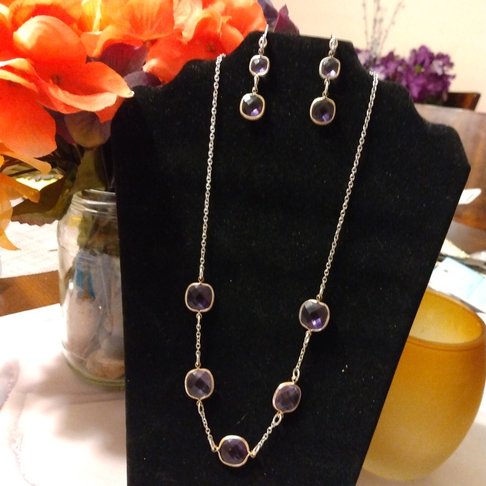 Purple and silver necklace and earrings set -Preowned FIRM